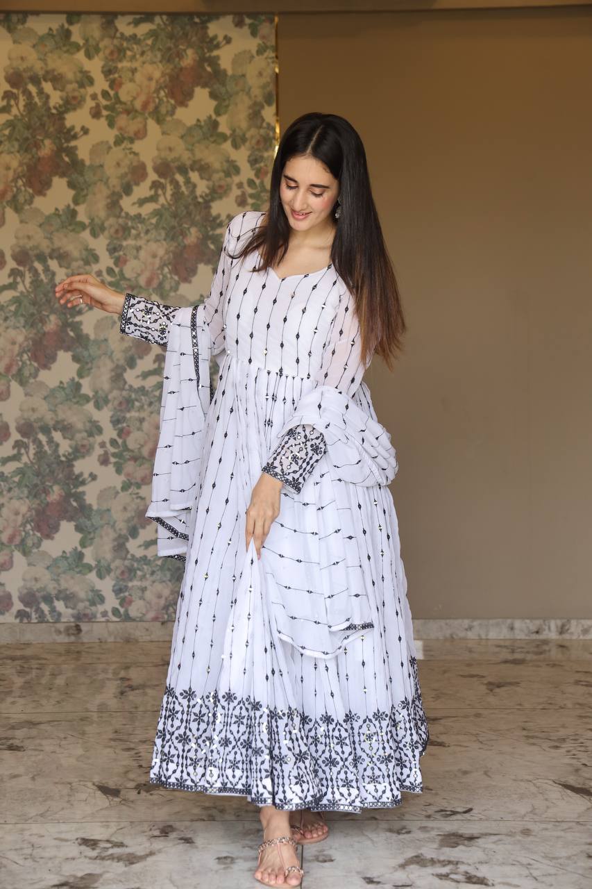 Teeya Creation White Color Faux Georgette Heavy Embroidery And Sequence Work Anarkali With Pants And Dupatta - Distacart