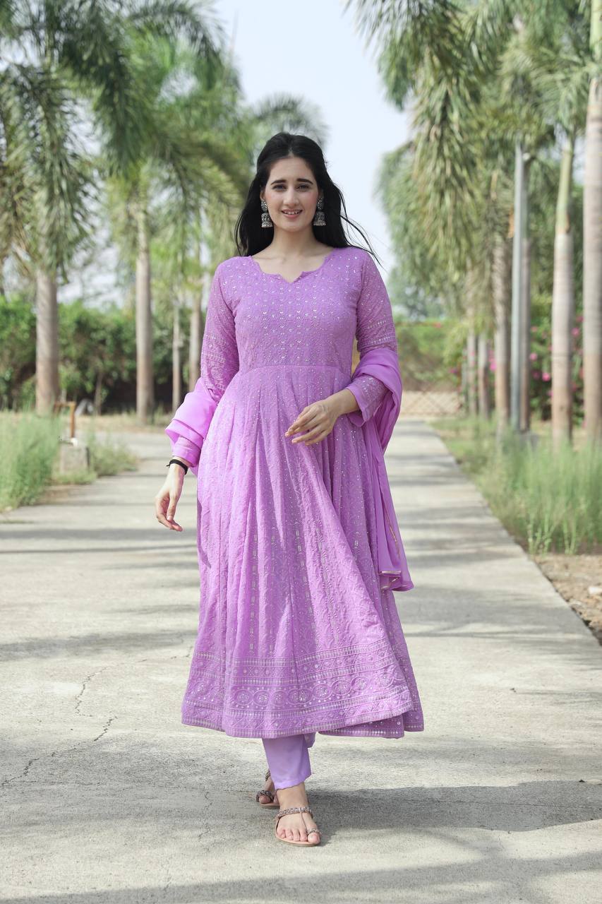 Teeya Creation Purple Color Faux Georgette Heavy Embroidery And Sequence Work Anarkali With Pants And Dupatta - Distacart