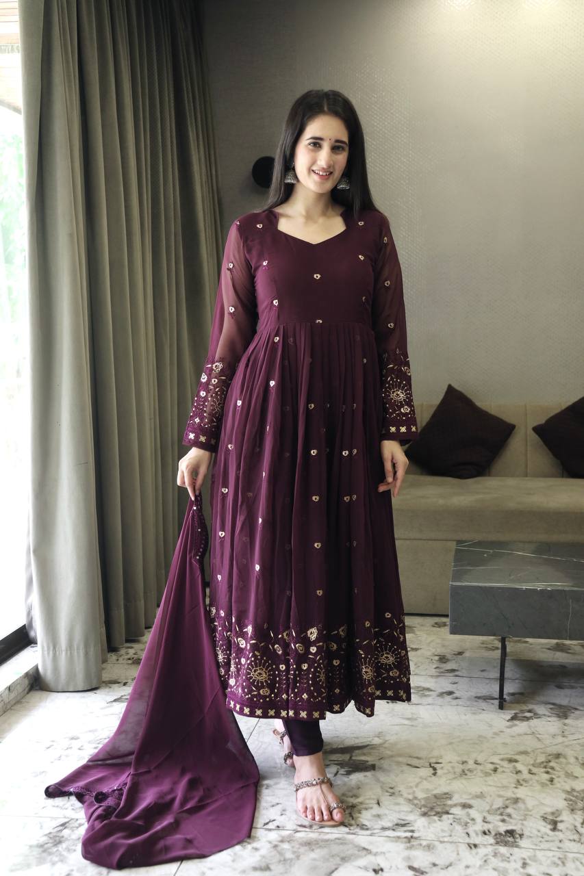 Teeya Creation Wine Color Faux Georgette Heavy Embroidery And Sequence Work Anarkali With Pants And Dupatta - Distacart