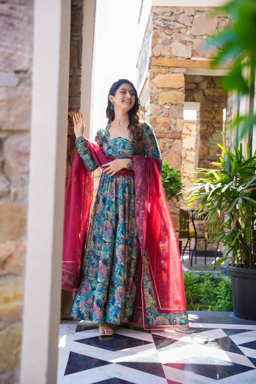 Teeya Creation Multicolor Muslin Silk Digital Print Anarkali With Pants And Dupatta - Distacart