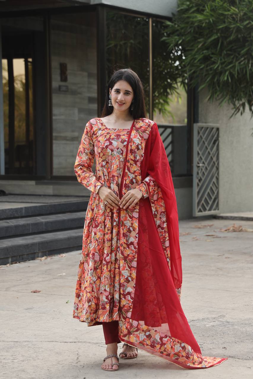 Teeya Creation Multicolor Muslin Silk Digital Print Anarkali With Pants And Dupatta - Distacart