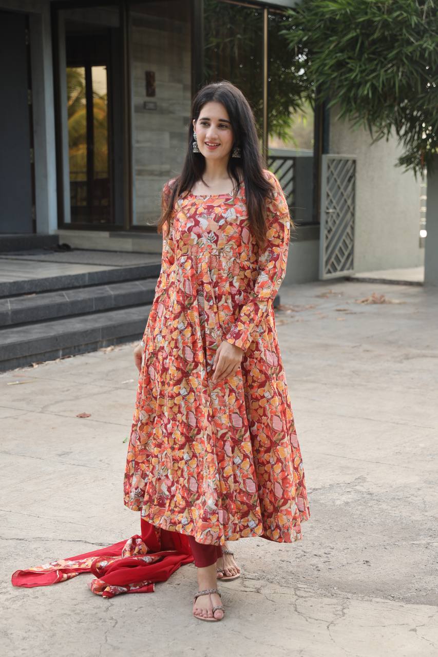 Teeya Creation Multicolor Muslin Silk Digital Print Anarkali With Pants And Dupatta - Distacart