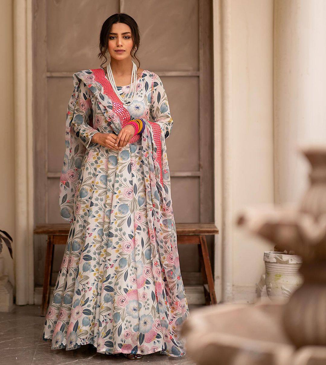 Teeya Creation Multicolor Chinon Silk Digital Print With Sequence Work Anarkali With Pants And Dupatta - Distacart