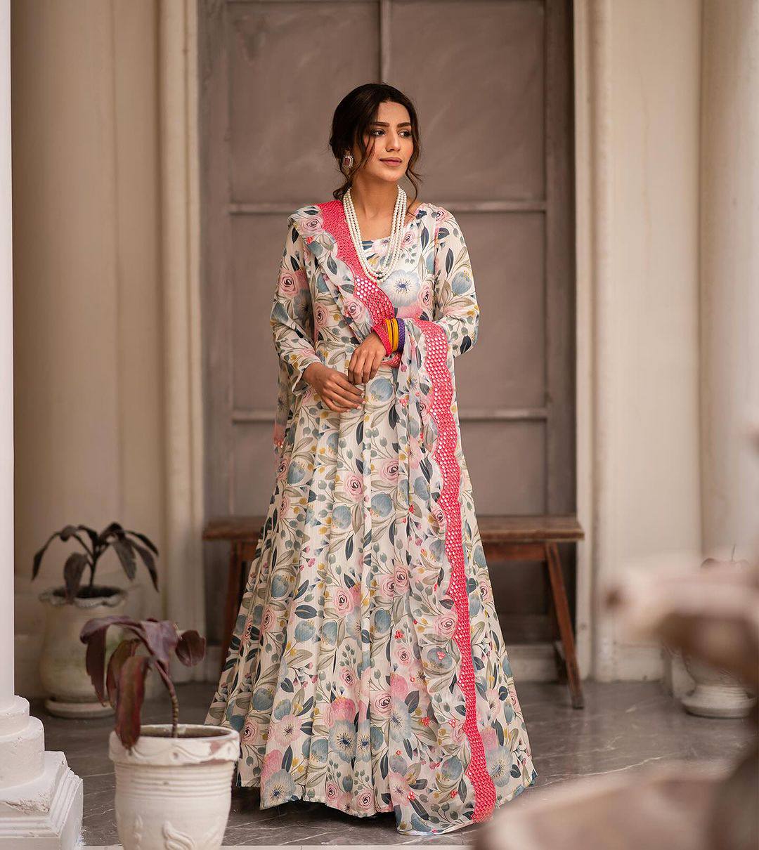 Teeya Creation Multicolor Chinon Silk Digital Print With Sequence Work Anarkali With Pants And Dupatta - Distacart