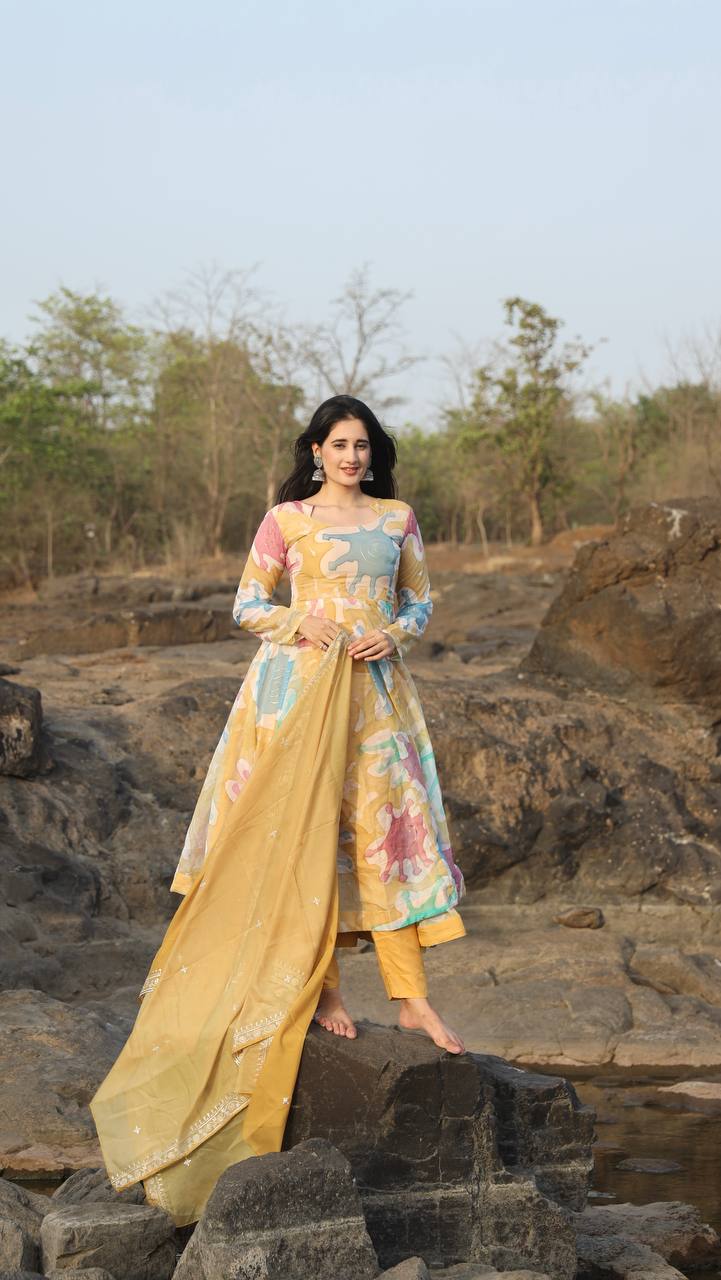 Teeya Creation Multicolor Soft organza Silk Digital Printed With Foil Print Anarkali With Pants And Dupatta - Distacart