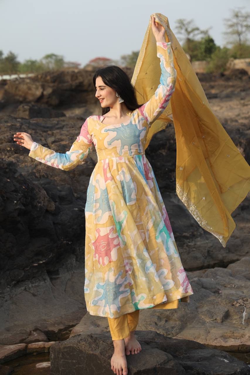 Teeya Creation Multicolor Soft organza Silk Digital Printed With Foil Print Anarkali With Pants And Dupatta - Distacart