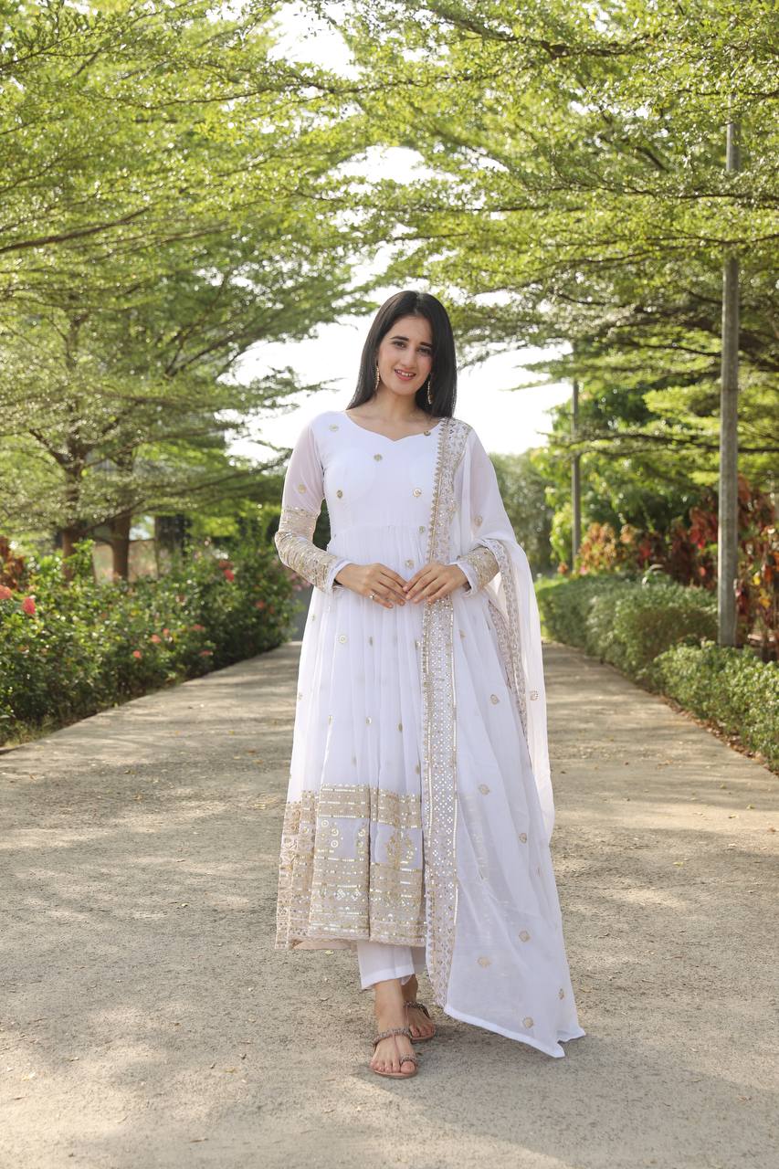 Teeya Creation White Color Georgette Heavy Embroidery And Sequence Work Anarkali With Pants And Dupatta - Distacart