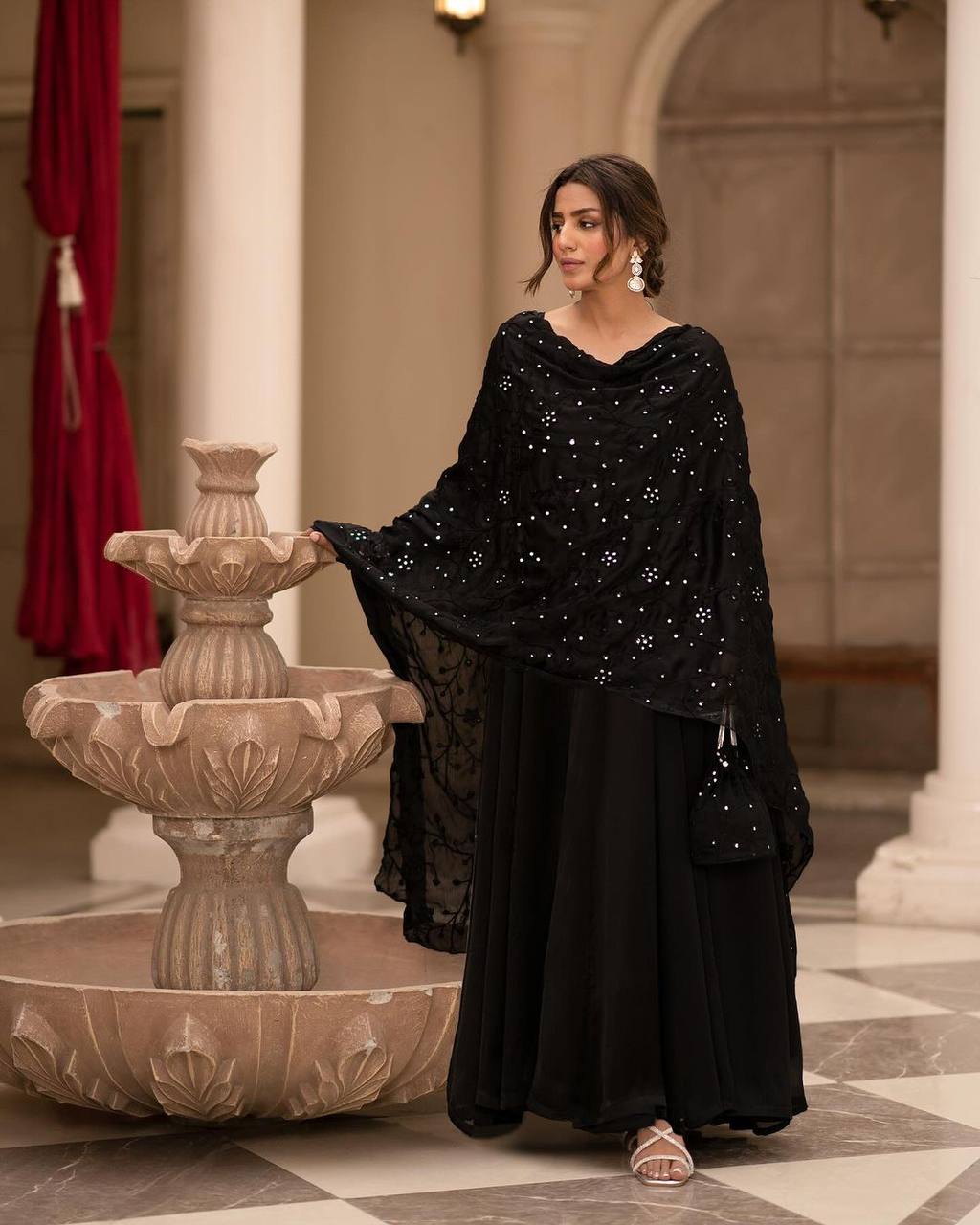 Teeya Creation Black Color Roman Cotton Embroidery And Sequence Work Anarkali With Pants And Dupatta - Distacart