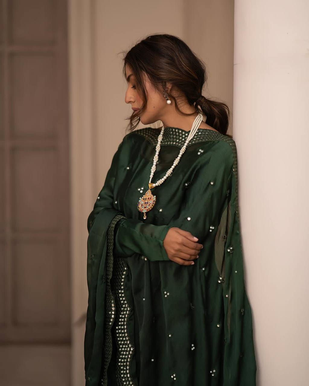 Teeya Creation Green Color Roman Cotton Embroidery And Sequence Work Anarkali With Pants And Dupatta - Distacart