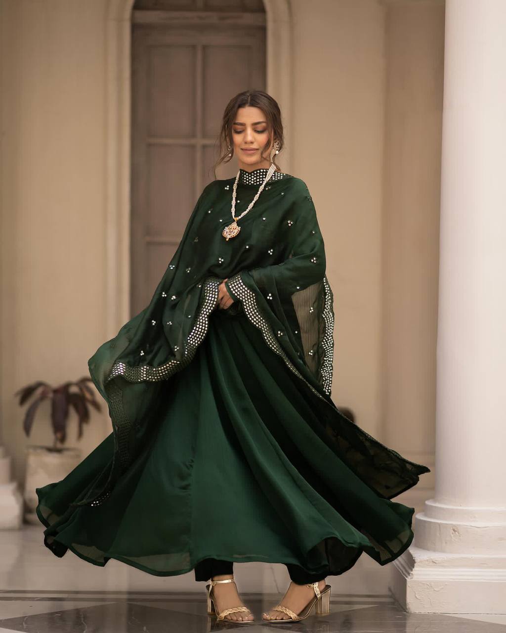 Teeya Creation Green Color Roman Cotton Embroidery And Sequence Work Anarkali With Pants And Dupatta - Distacart