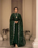 Thumbnail for Teeya Creation Green Color Roman Cotton Embroidery And Sequence Work Anarkali With Pants And Dupatta - Distacart