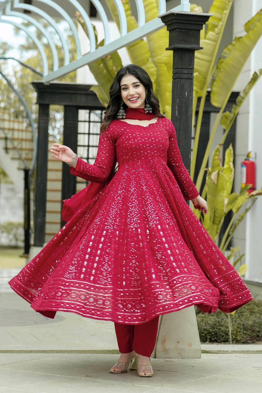Teeya Creation Maroon Color Georgette Heavy Embroidery And Sequence Work Anarkali With Pants And Dupatta - Distacart