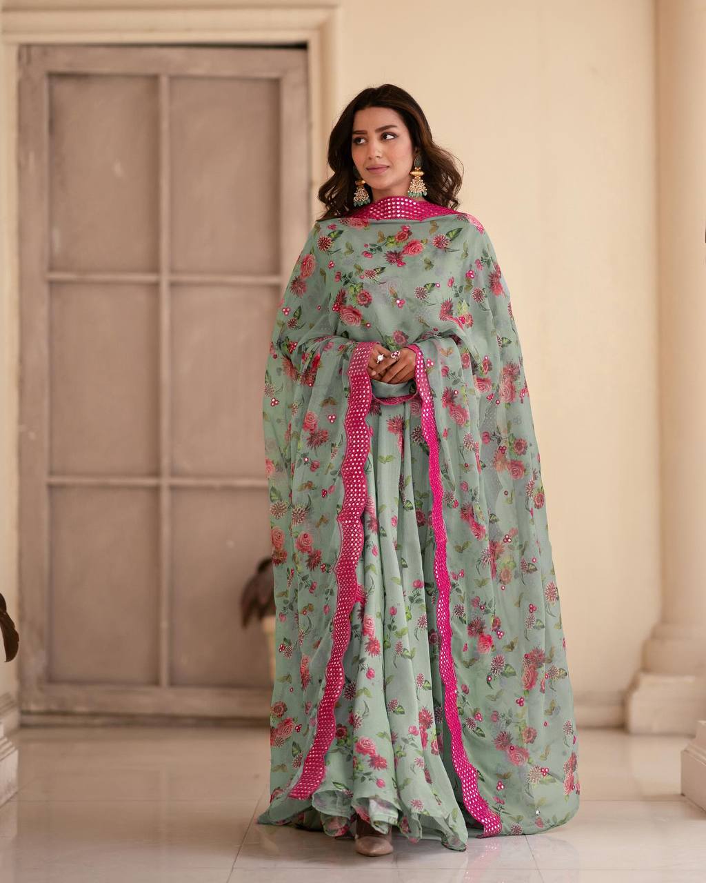 Teeya Creation Multicolor Chinon Silk Digital Print With Sequence Work Anarkali With Pants And Dupatta - Distacart