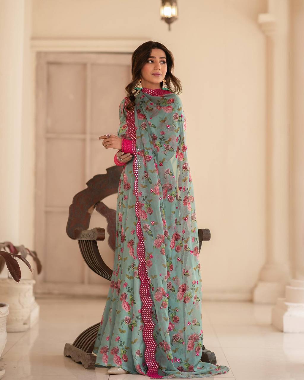 Teeya Creation Multicolor Chinon Silk Digital Print With Sequence Work Anarkali With Pants And Dupatta - Distacart