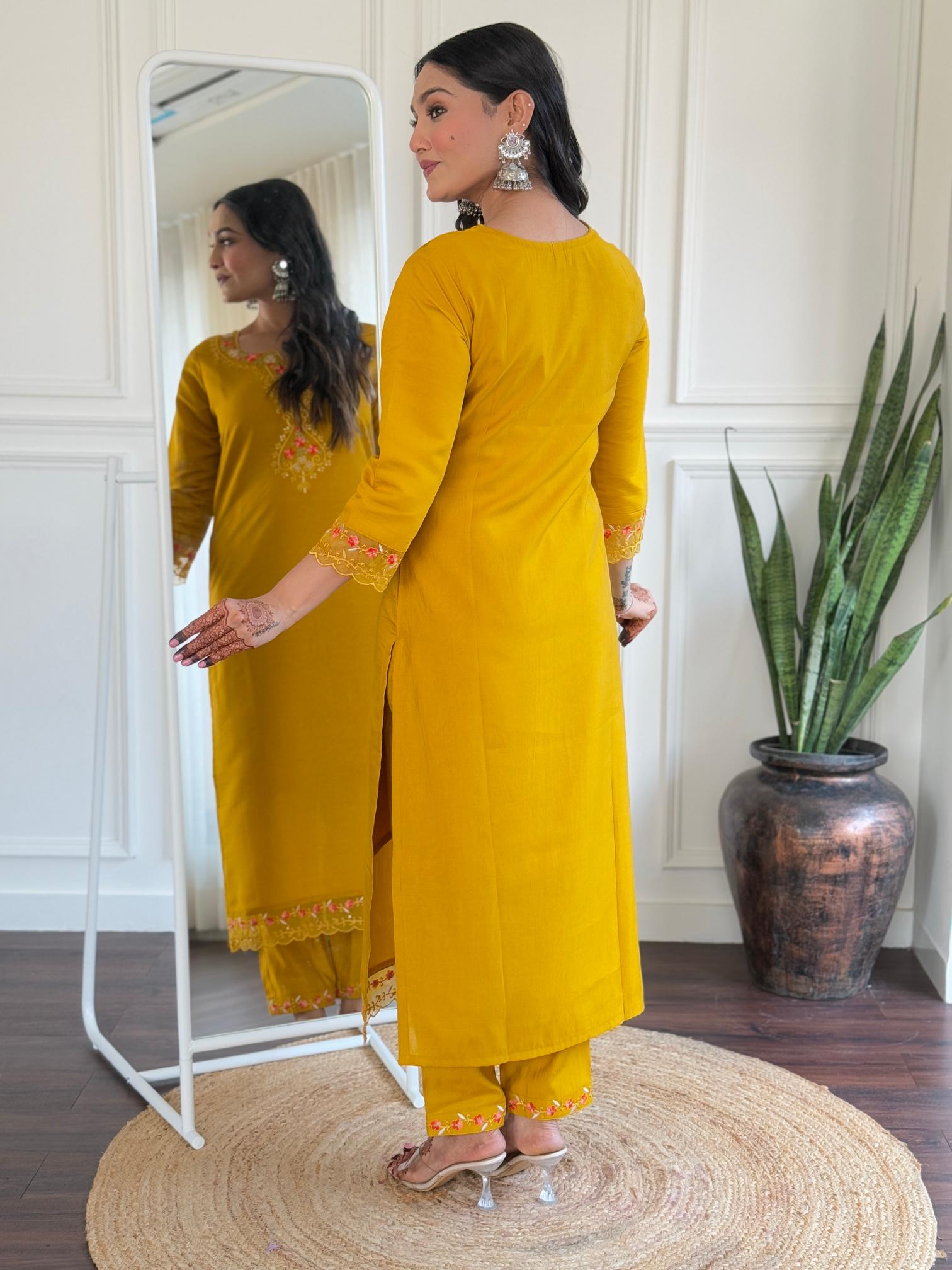 The52 Women's Roman Silk Embroidered Straight Kurta, Pant and Dupatta Set