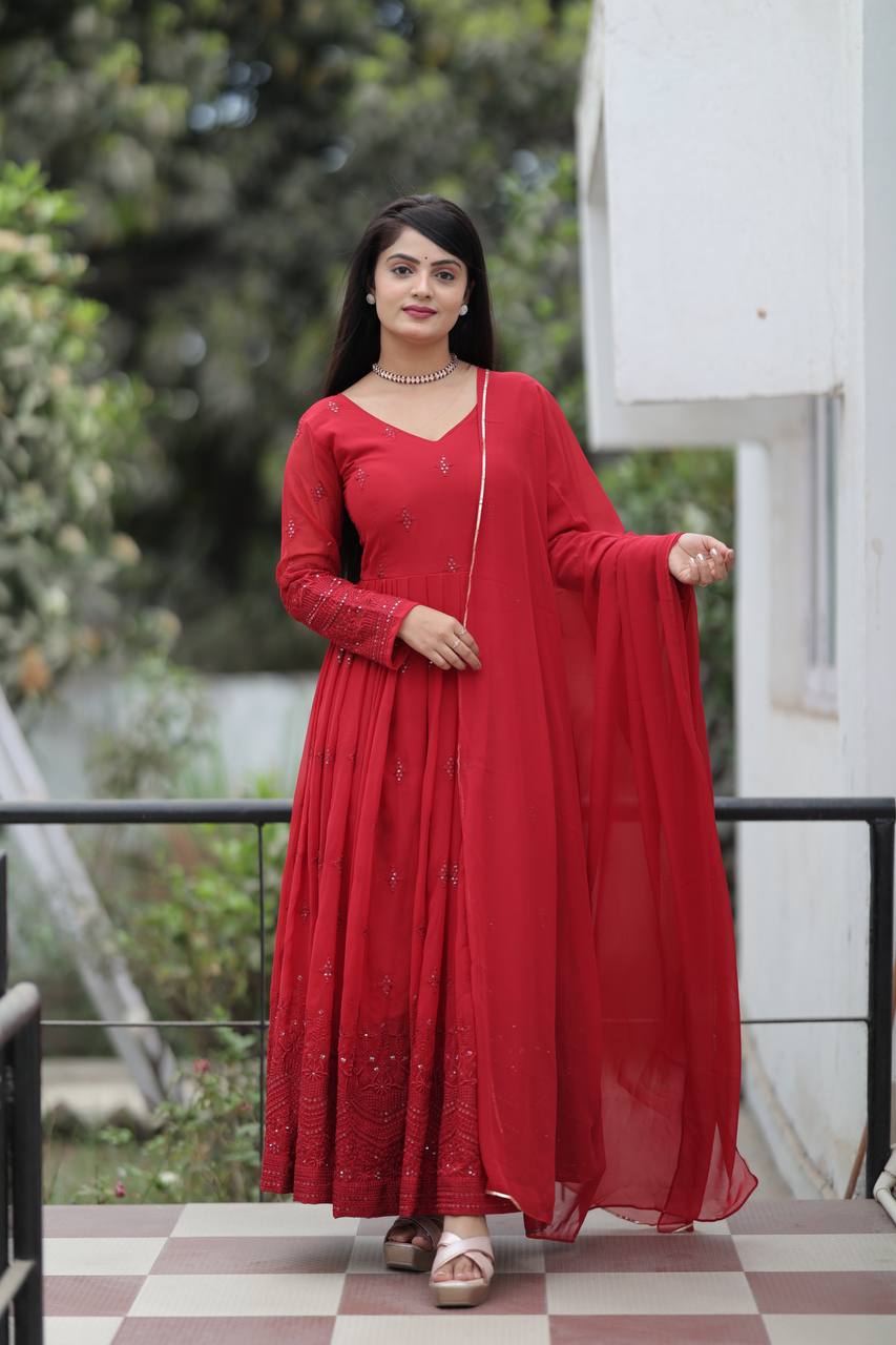 Teeya Creation Maroon Color Georgette Heavy Embroidery And Sequence Work Anarkali With Pants And Dupatta - Distacart