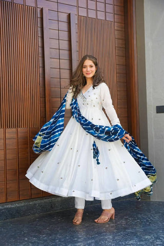 Teeya Creation White Color Roman Cotton Embroidery And Sequence Work Anarkali With Pants And Dupatta - Distacart