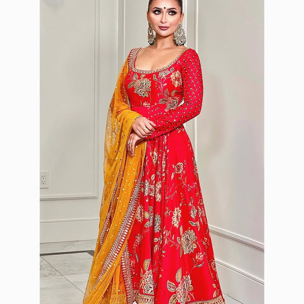 Teeya Creation Red Colour Georgette Beautiful Digital Print With Embroidery Work Lace Long Gown