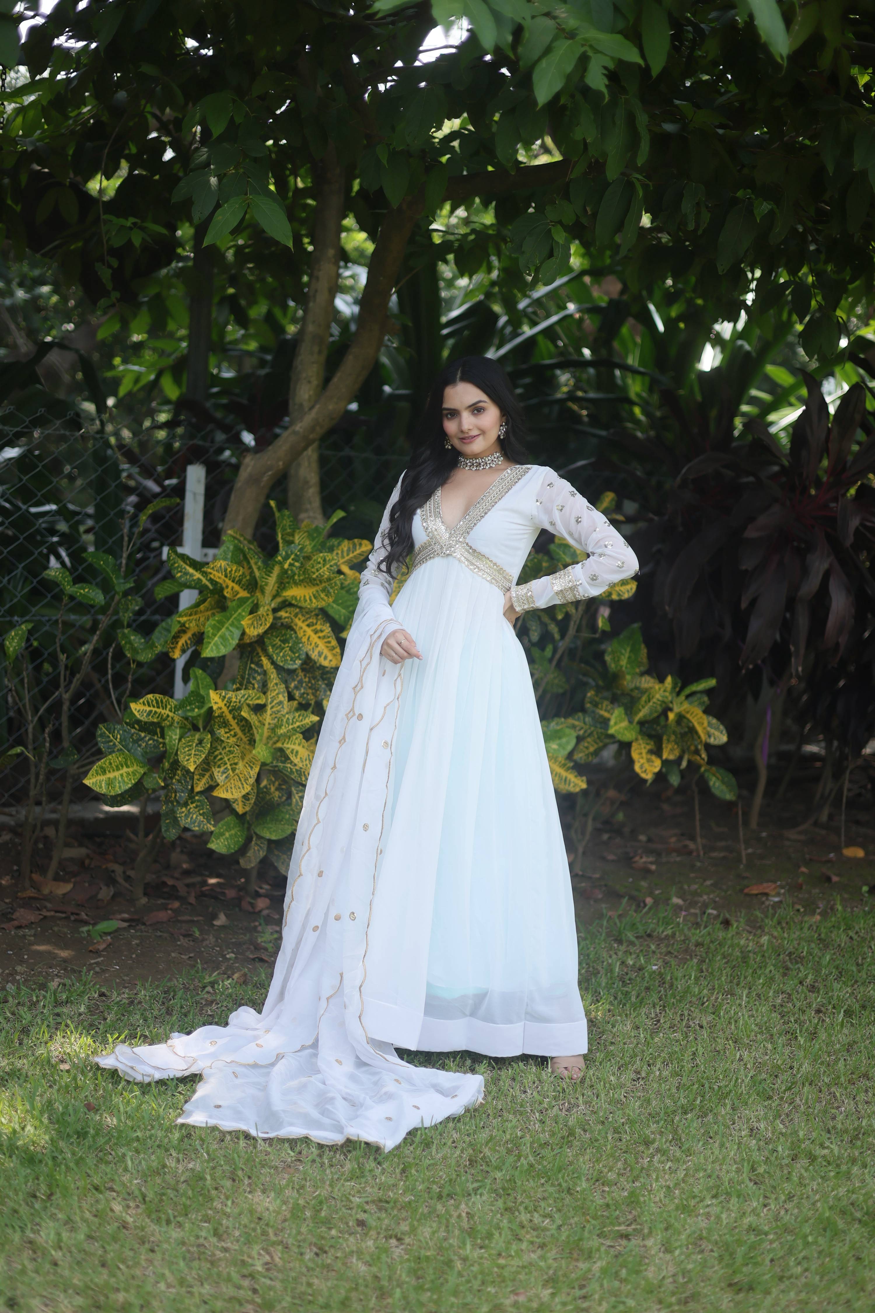 Teeya Creation White Color Faux Georgette Embroidery Work Fully Stitched Long Gown - Distacart