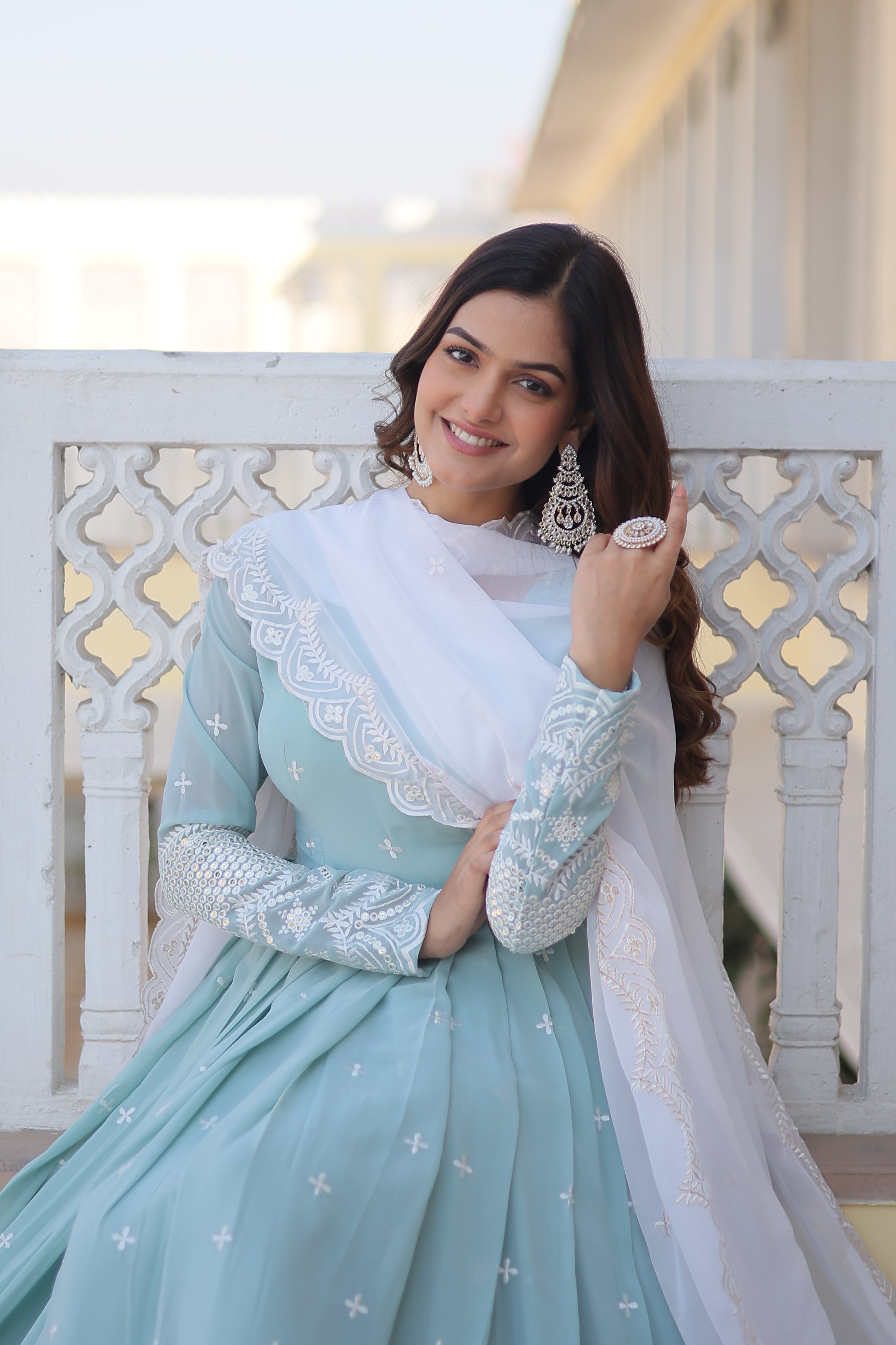 Teeya Creation Sky Blue Color Faux Georgette Embroidery And Sequence Work Fully Stitched Anarkali Gown - Distacart