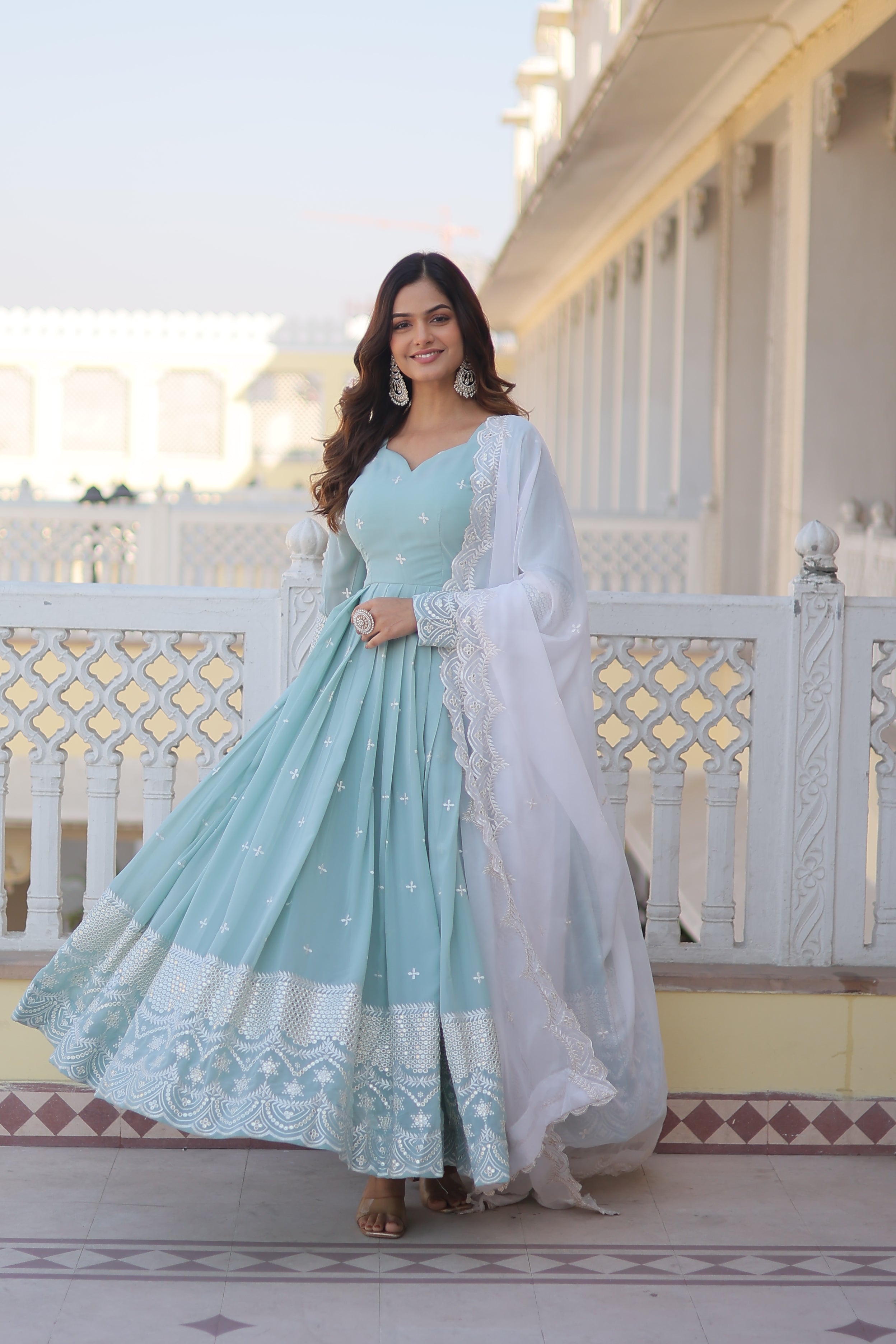 Teeya Creation Sky Blue Color Faux Georgette Embroidery And Sequence Work Fully Stitched Anarkali Gown - Distacart