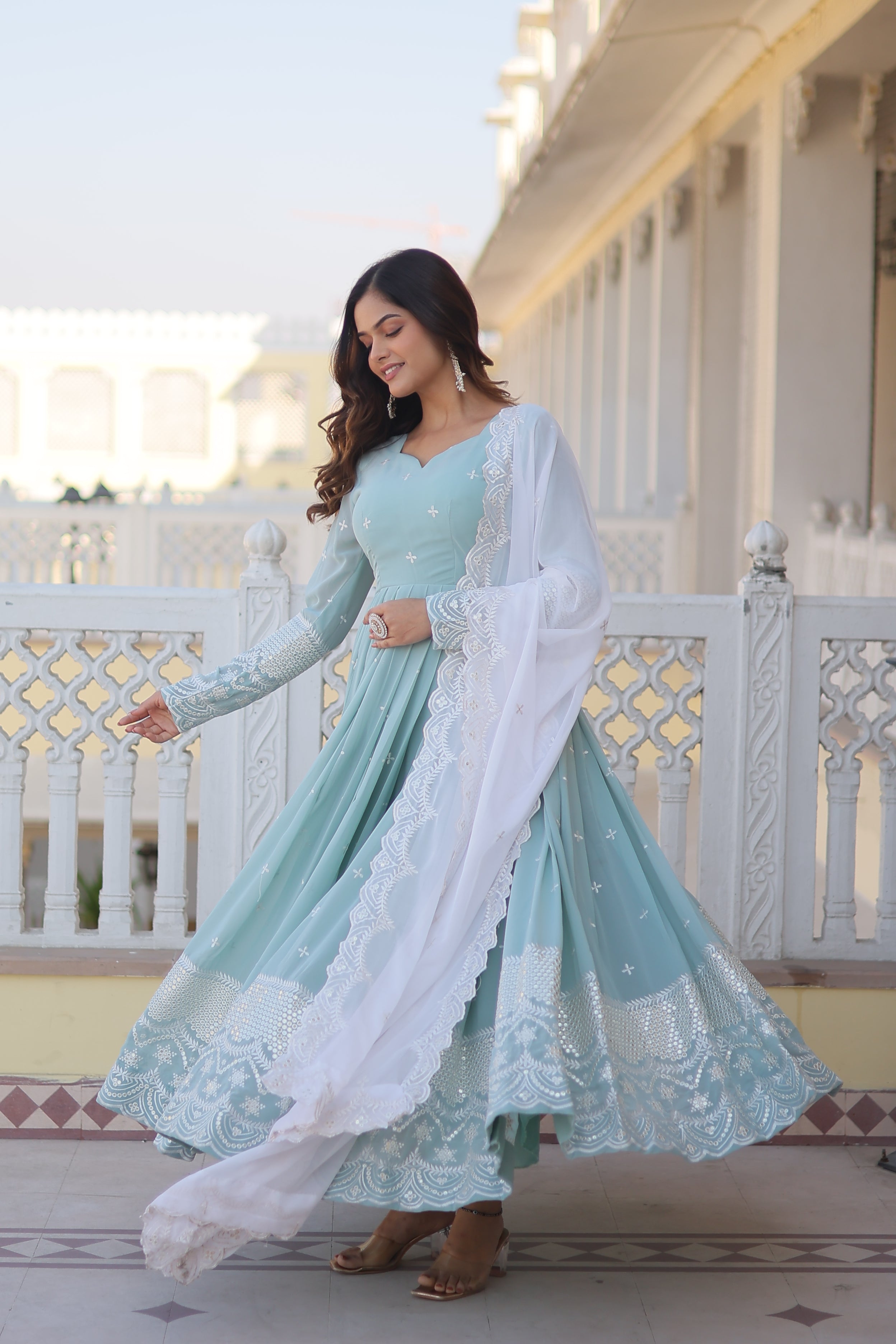 Teeya Creation Sky Blue Color Faux Georgette Embroidery And Sequence Work Fully Stitched Anarkali Gown - Distacart