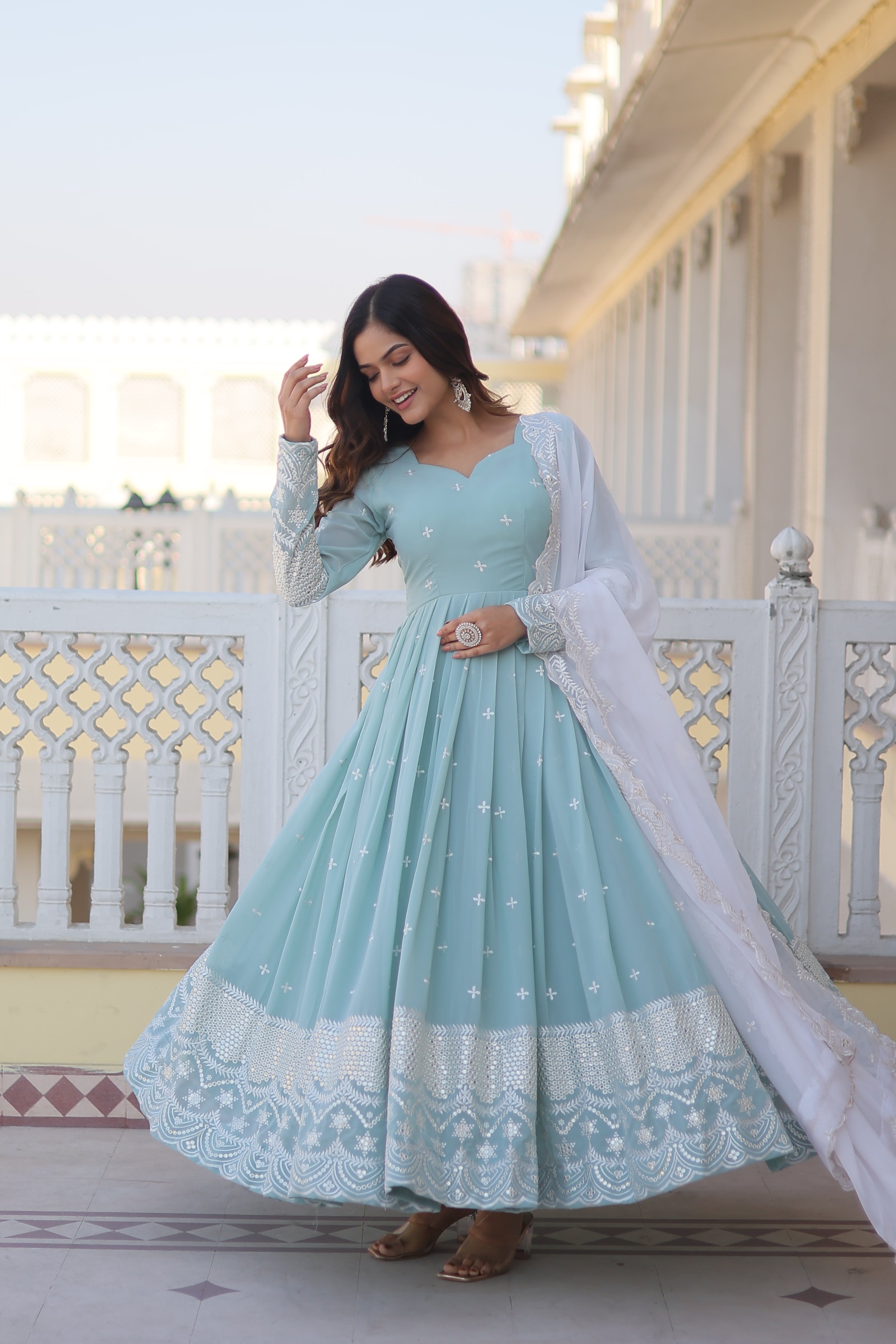 Teeya Creation Sky Blue Color Faux Georgette Embroidery And Sequence Work Fully Stitched Anarkali Gown - Distacart