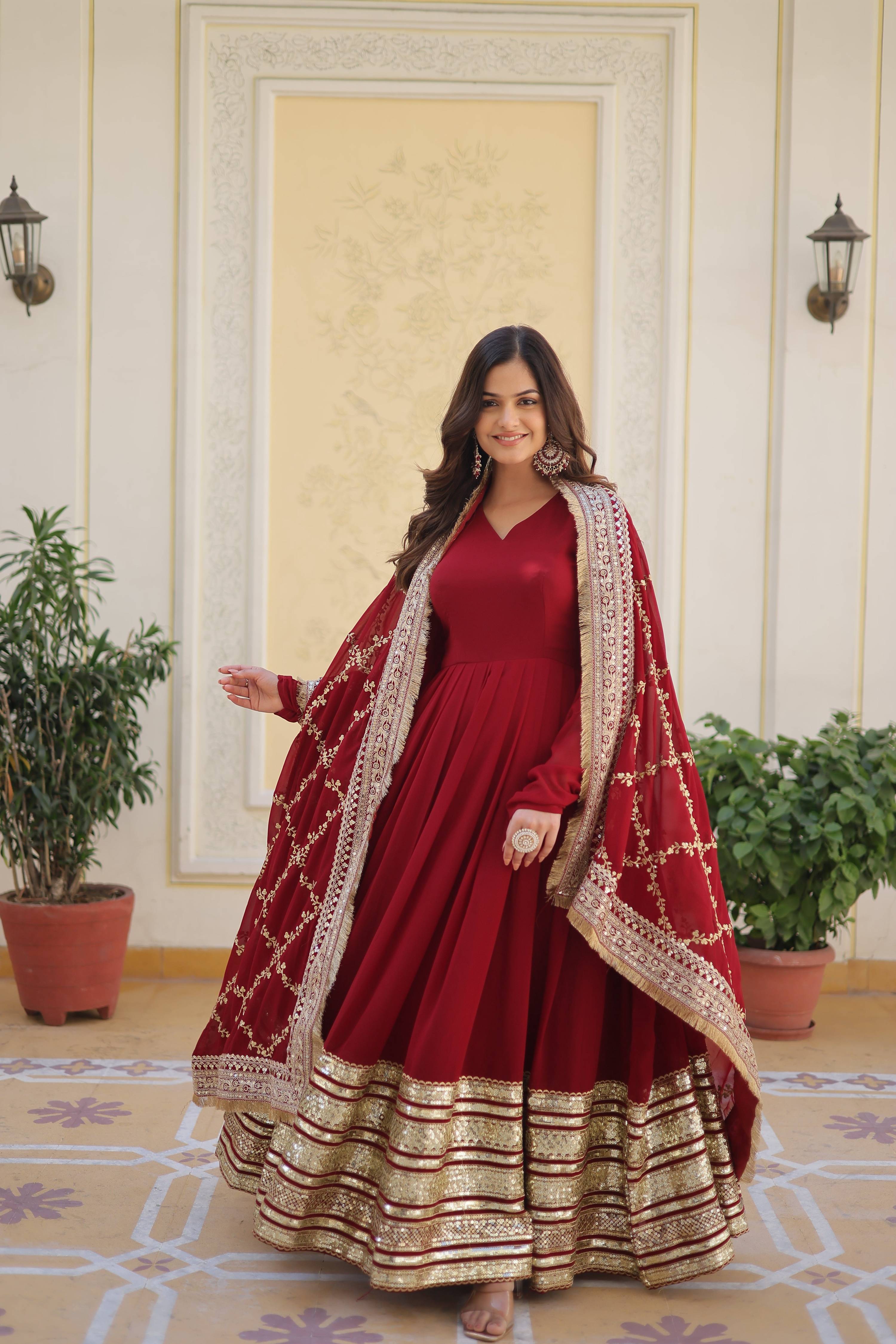 Teeya Creation Maroon Color Faux Georgette Zari Embroidery Work Fully Stitched Anarkali Gown - Distacart