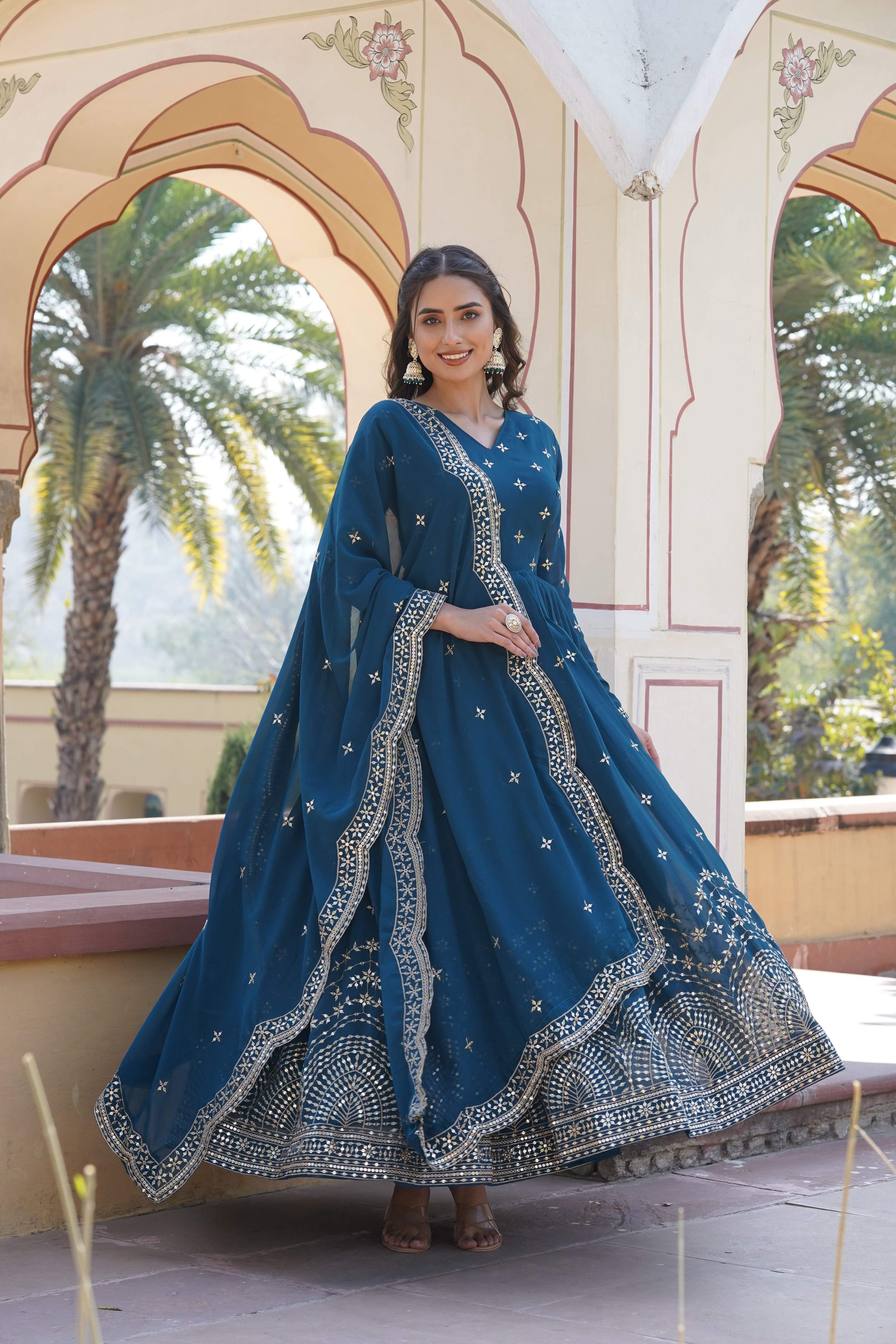 Teeya Creation Teal Color Faux Georgette Party Wear Heavy Embroidery Work Fully Stitched Gown - Distacart
