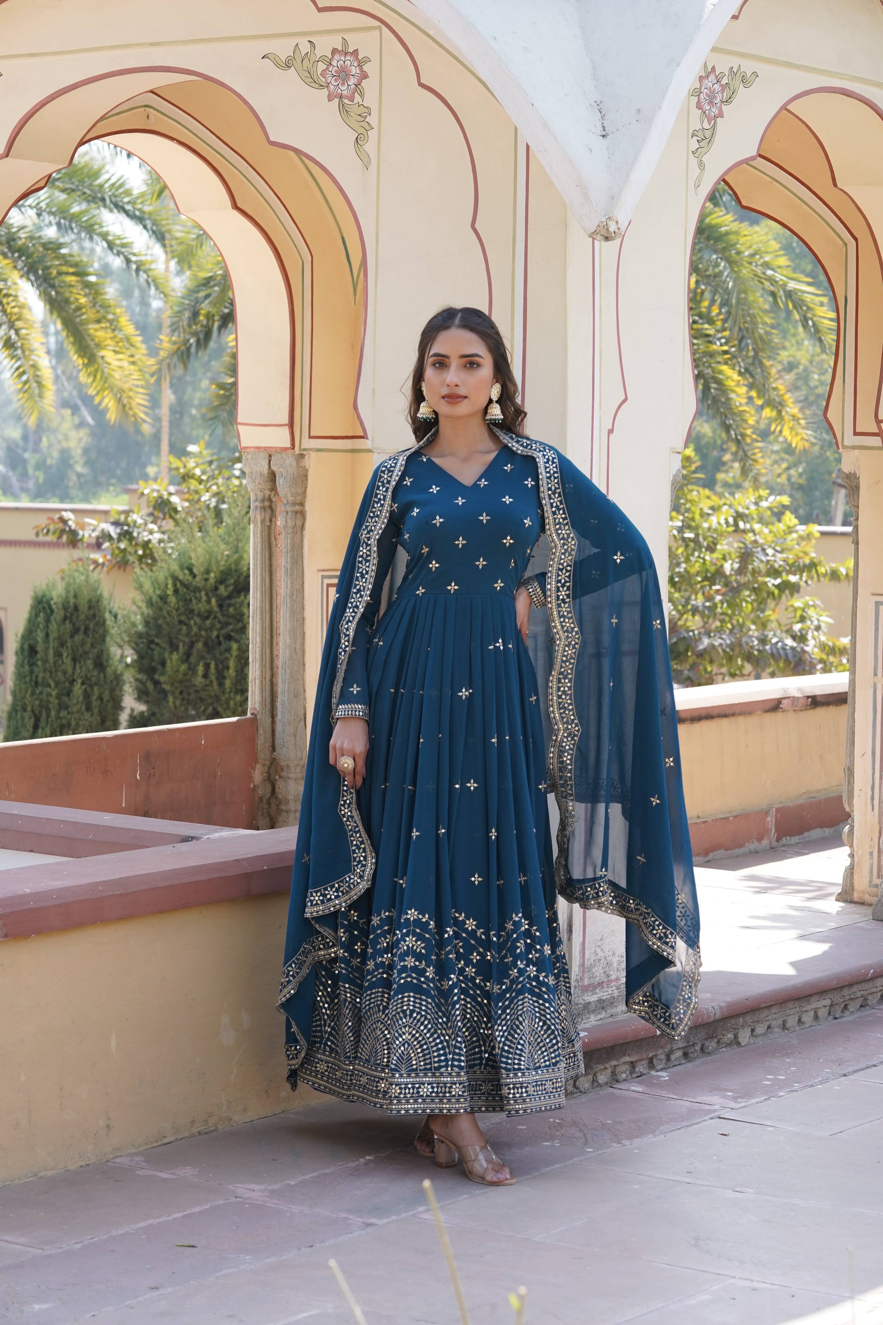Teeya Creation Teal Color Faux Georgette Party Wear Heavy Embroidery Work Fully Stitched Gown - Distacart