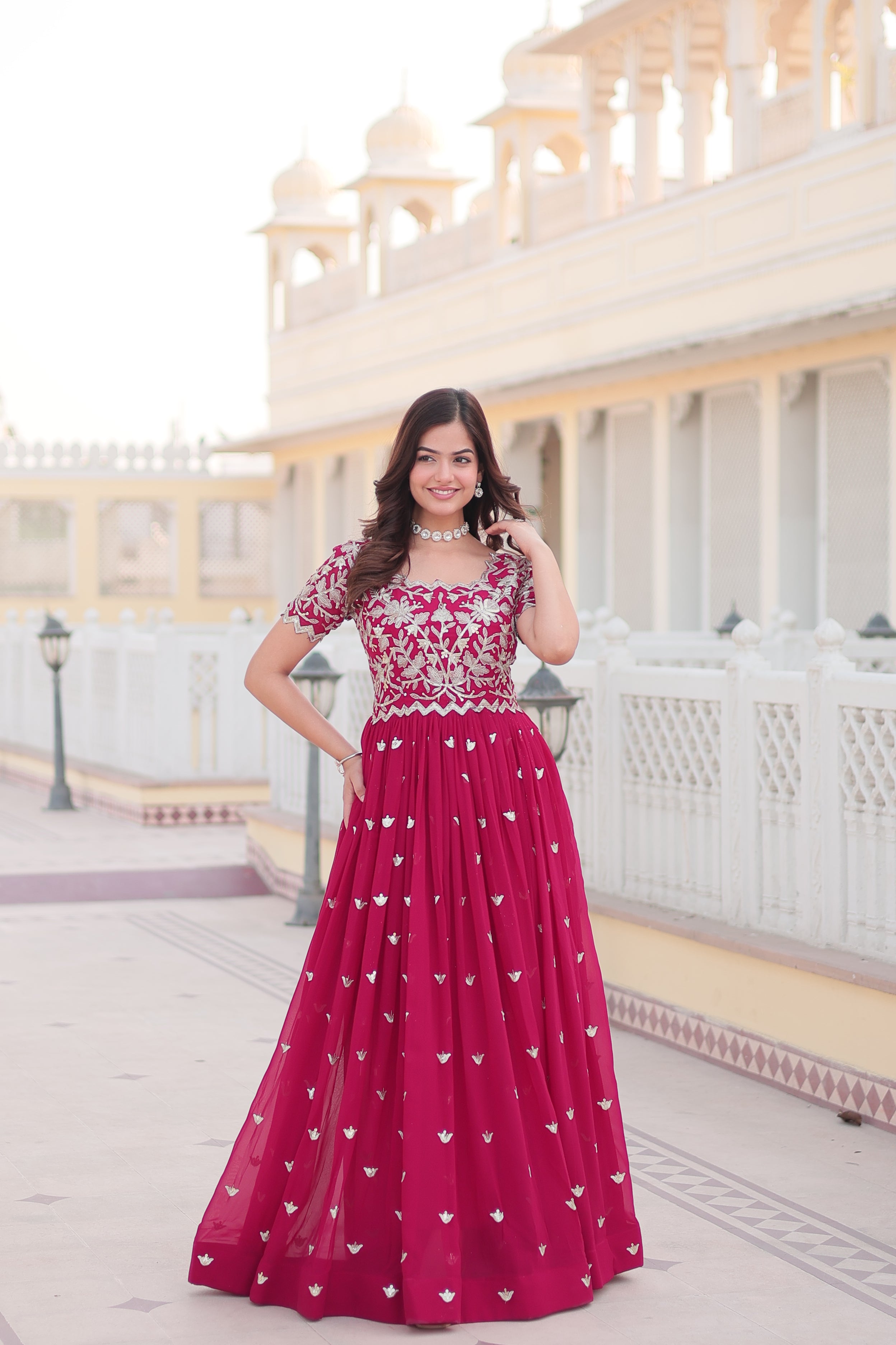 Teeya Creation Pink Color Faux Georgette Embroidery Sequence Work Fully Stitched Gown - Distacart