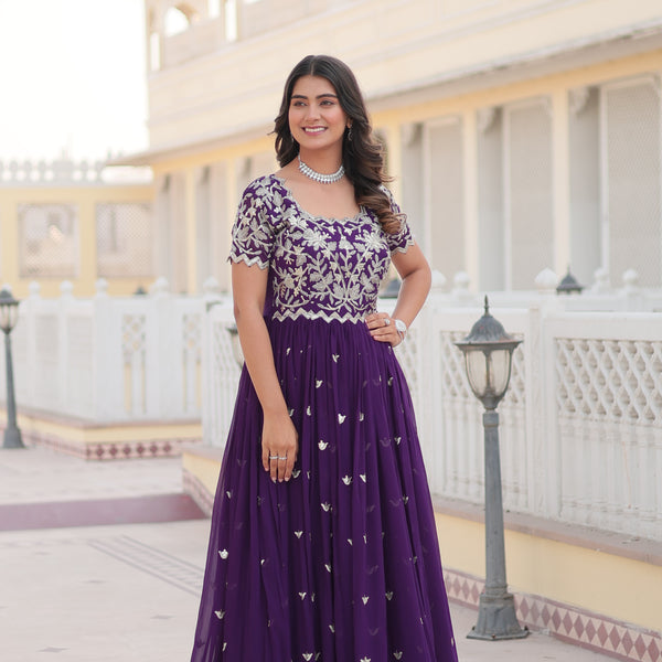 Teeya Creation Purple Color Faux Georgette Embroidery Sequence Work Fully Stitched Gown - Distacart