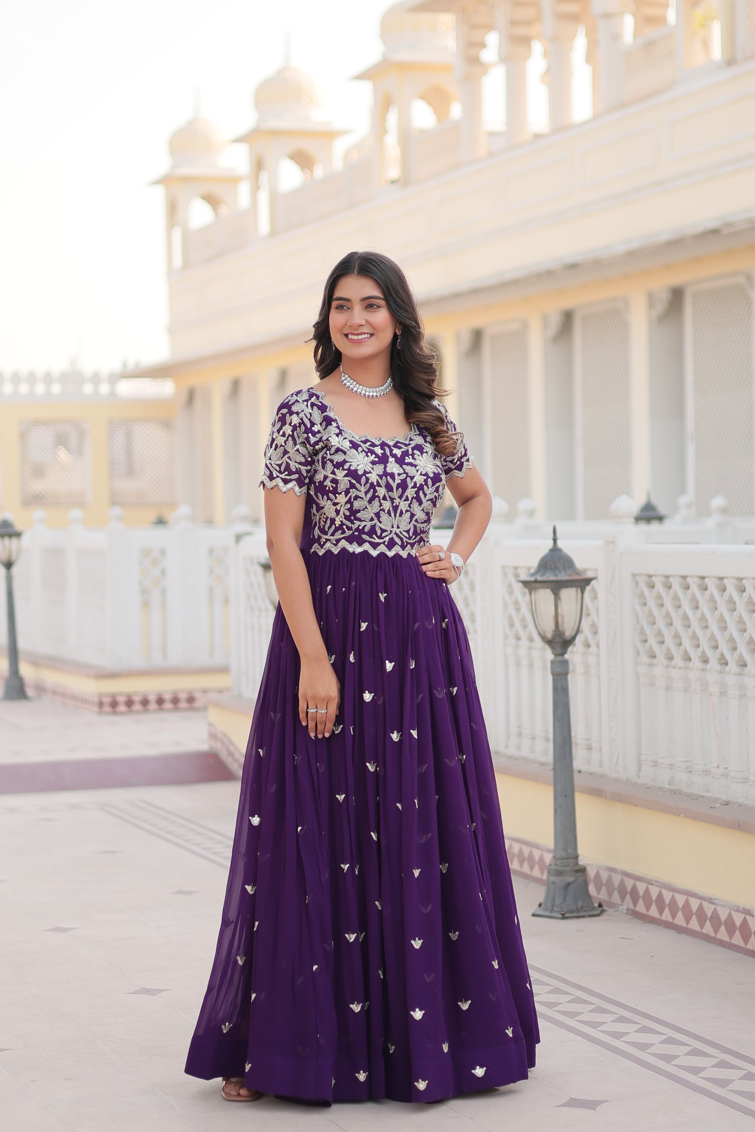 Teeya Creation Purple Color Faux Georgette Embroidery Sequence Work Fully Stitched Gown - Distacart
