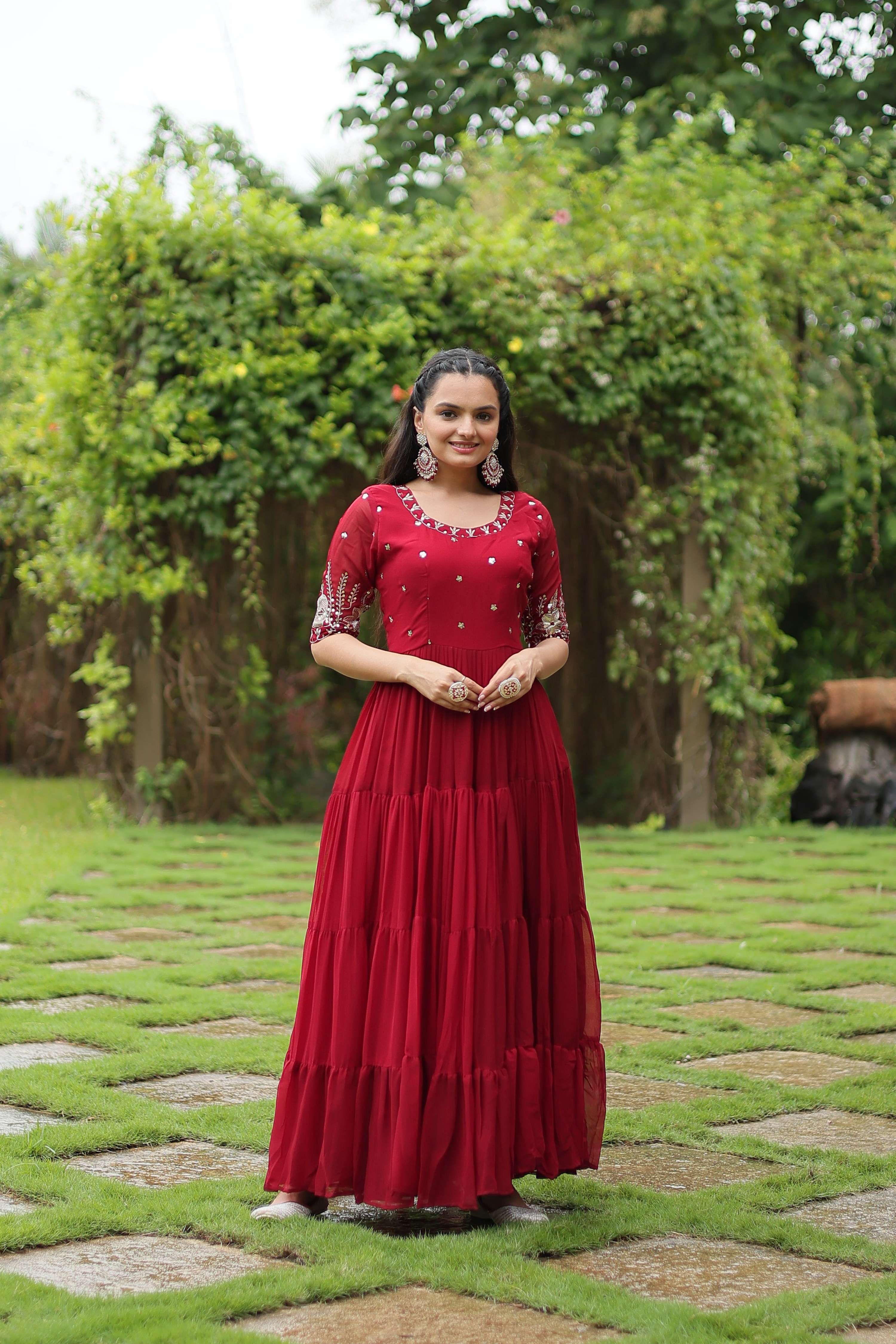 Teeya Creation Maroon Color Faux Georgette Embroidery Sequence Work Fully Stitched Gown - Distacart