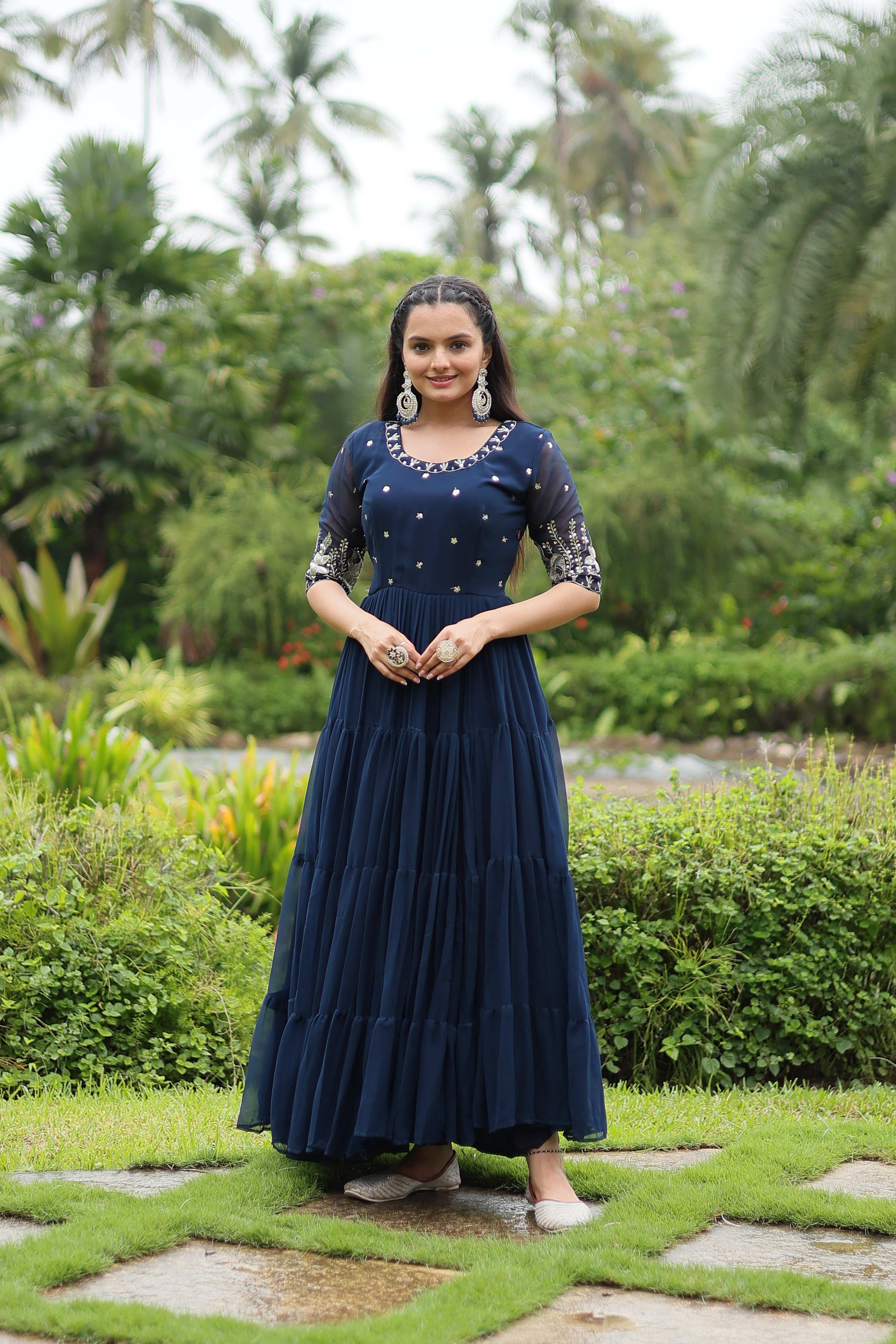 Teeya Creation Morpich Color Faux Georgette Embroidery Sequence Work Fully Stitched Gown - Distacart