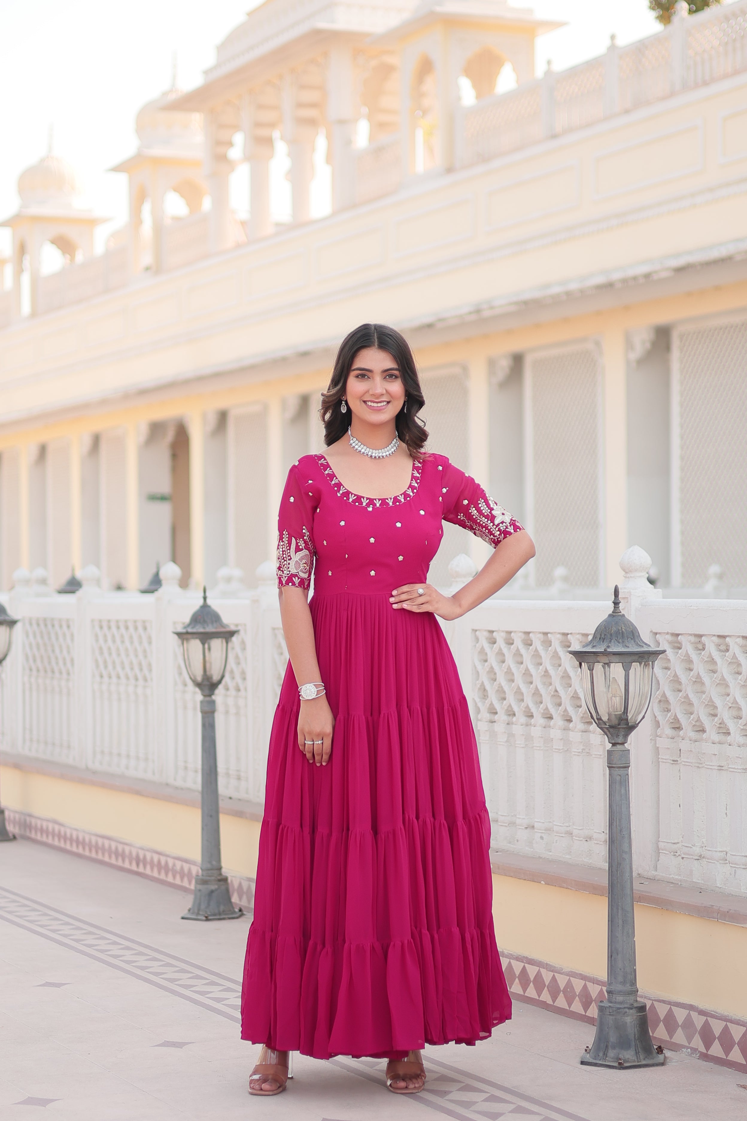 Teeya Creation Pink Color Faux Georgette Embroidery Sequence Work Fully Stitched Gown - Distacart