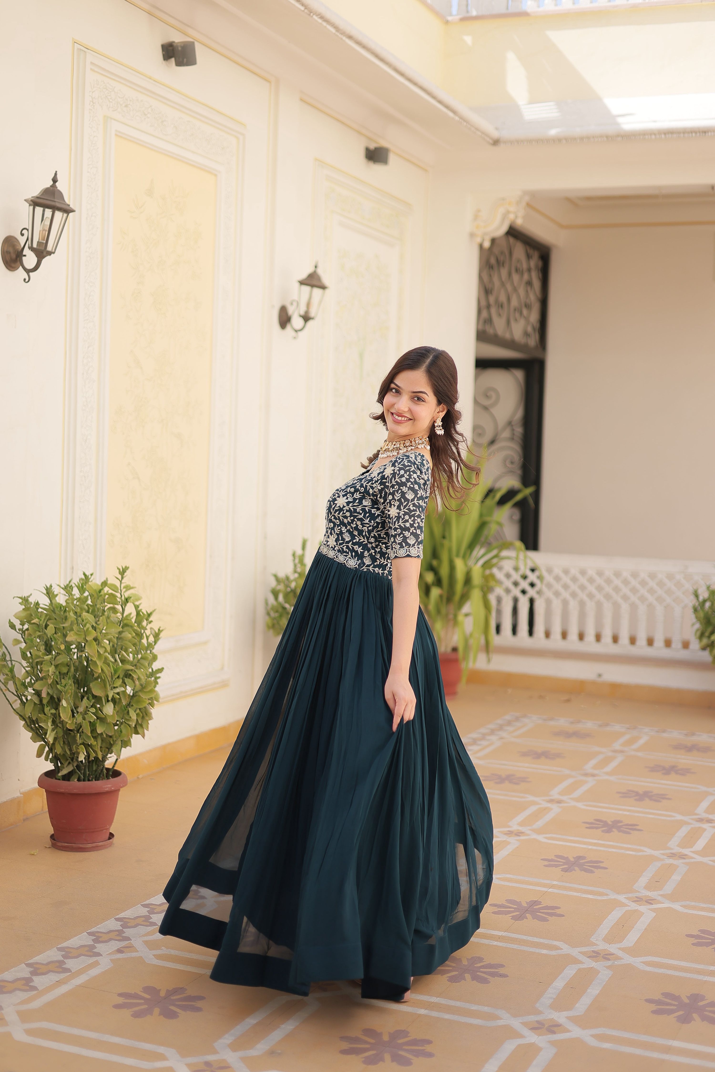 Teeya Creation Rama Color Faux Georgette Embroidery Sequence Work Fully Stitched Gown - Distacart