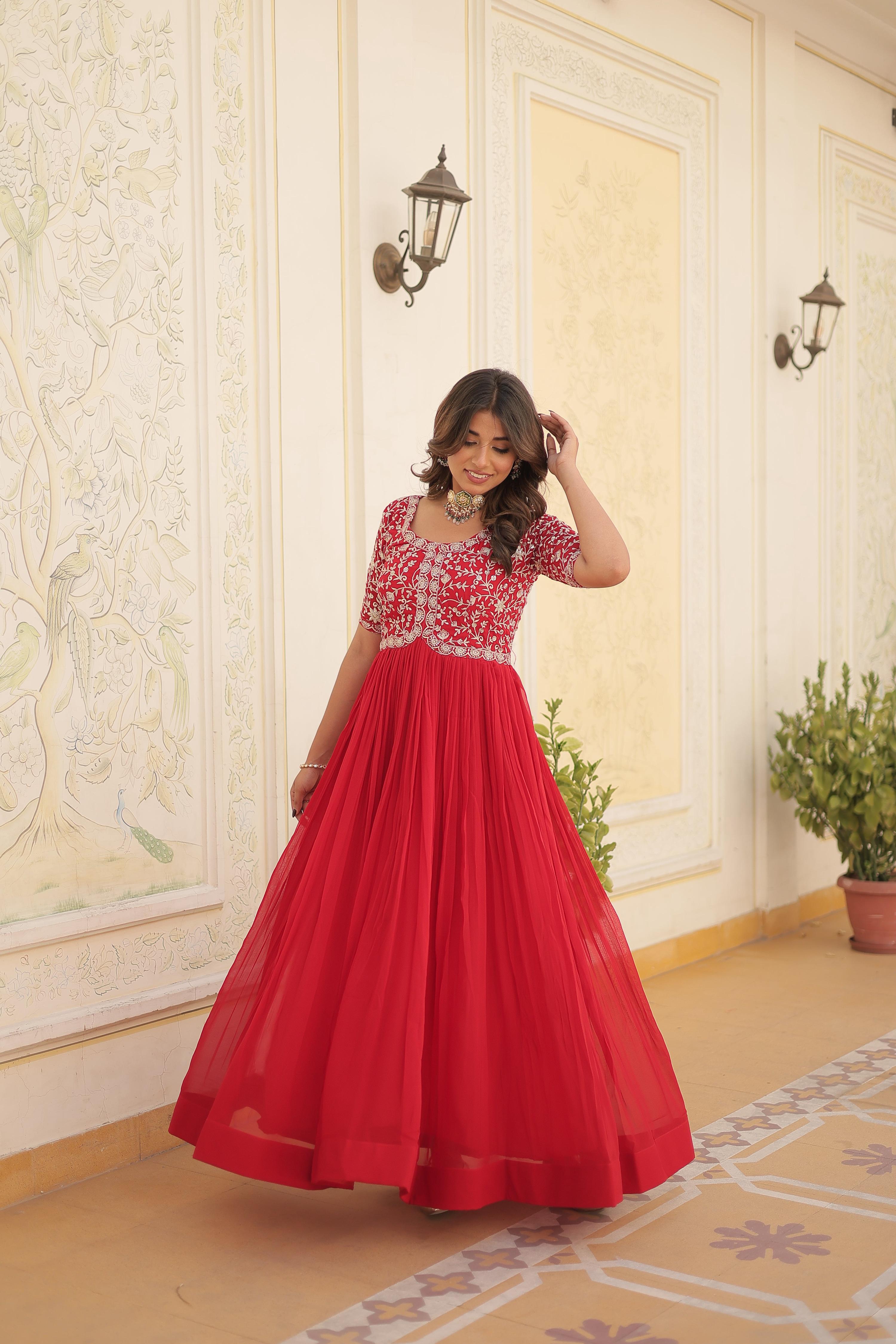 Teeya Creation Red Color Faux Georgette Embroidery Sequence Work Fully Stitched Gown - Distacart
