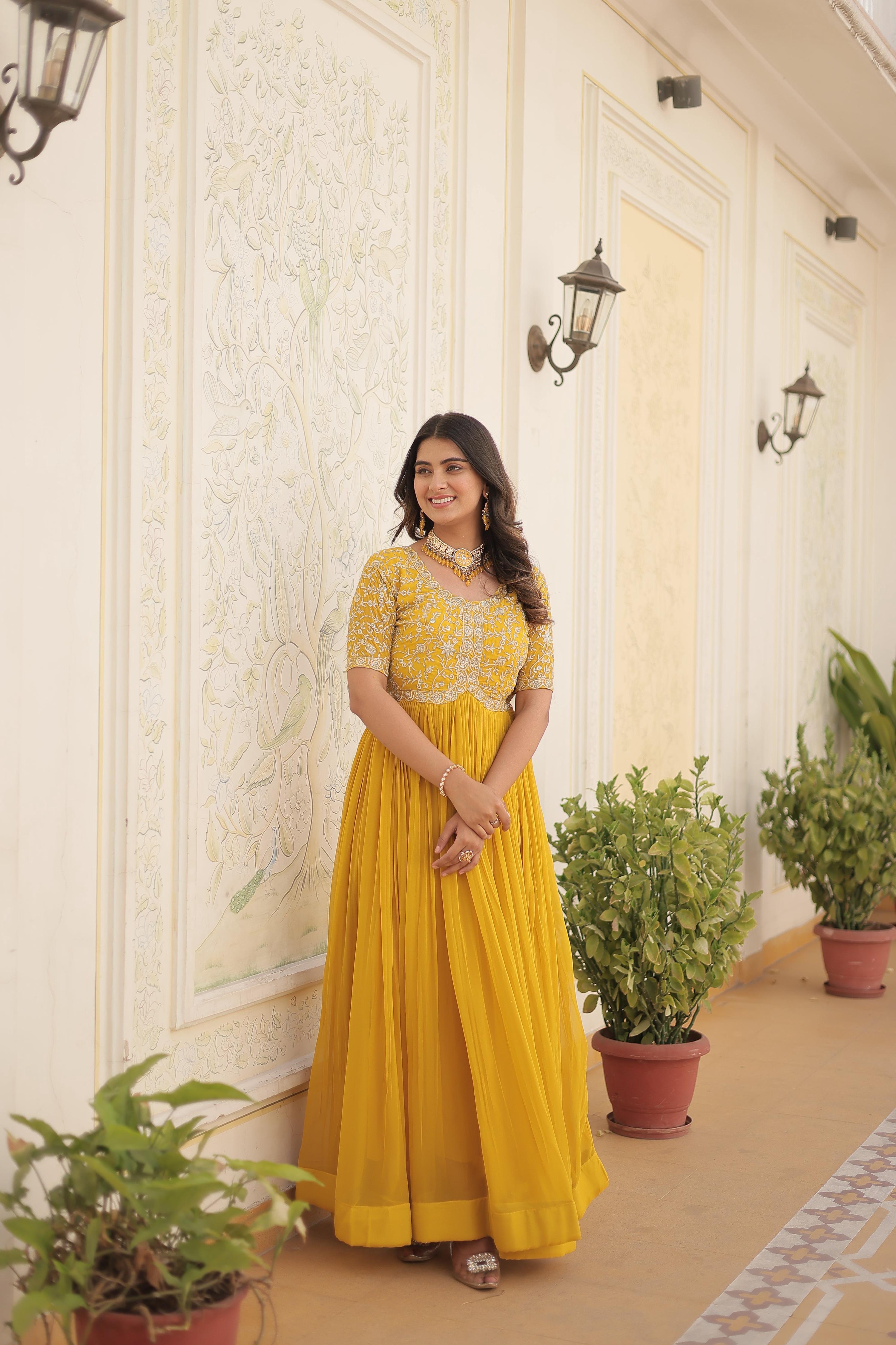 Teeya Creation Yellow Color Faux Georgette Embroidery Sequence Work Fully Stitched Gown - Distacart