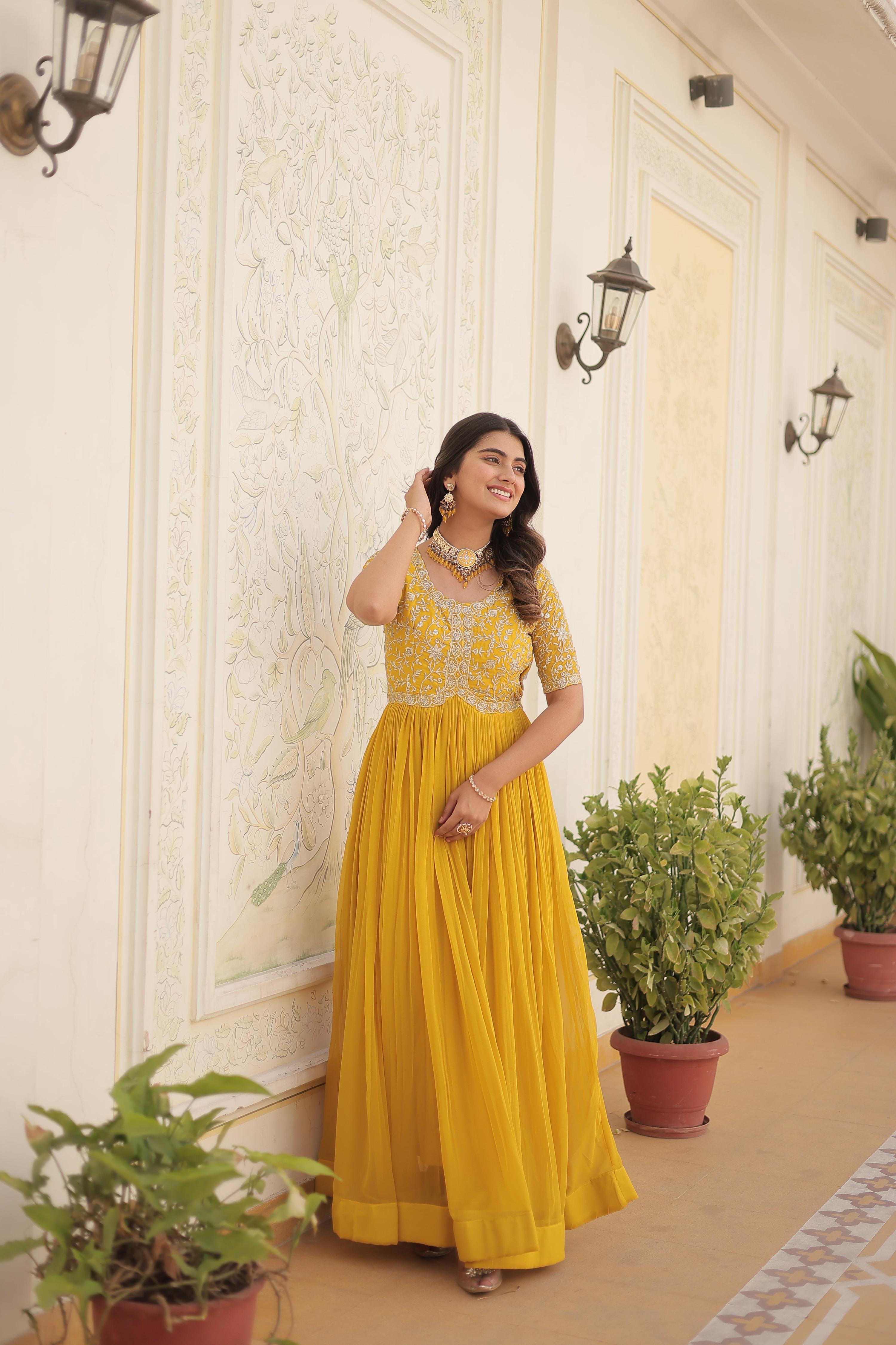Teeya Creation Yellow Color Faux Georgette Embroidery Sequence Work Fully Stitched Gown - Distacart