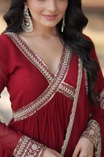 Thumbnail for Teeya Creation Maroon Color Faux Georgette Zari Embroidery Work Fully Stitched Anarkali Gown - Distacart