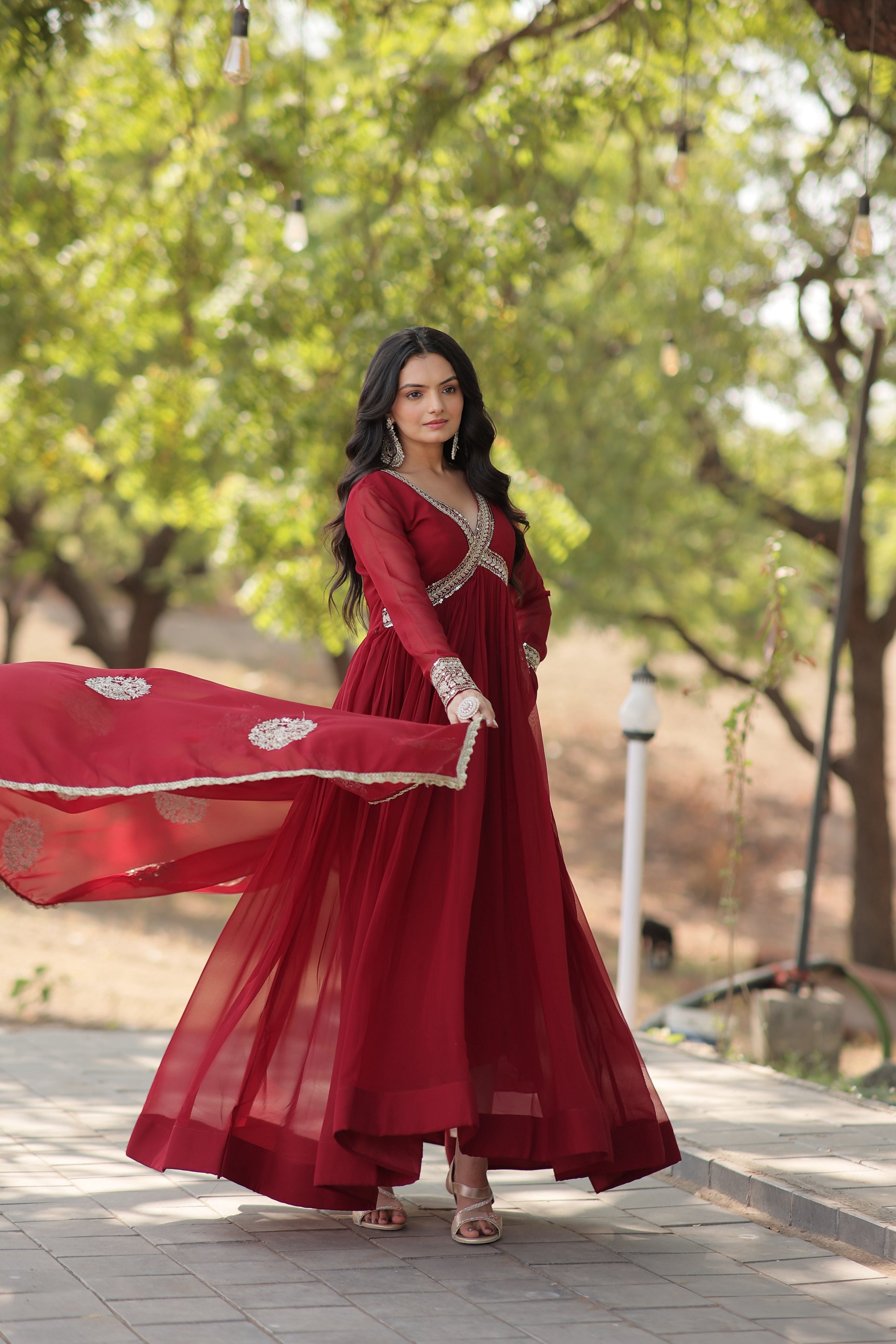 Teeya Creation Maroon Color Faux Georgette Zari Embroidery Work Fully Stitched Anarkali Gown - Distacart
