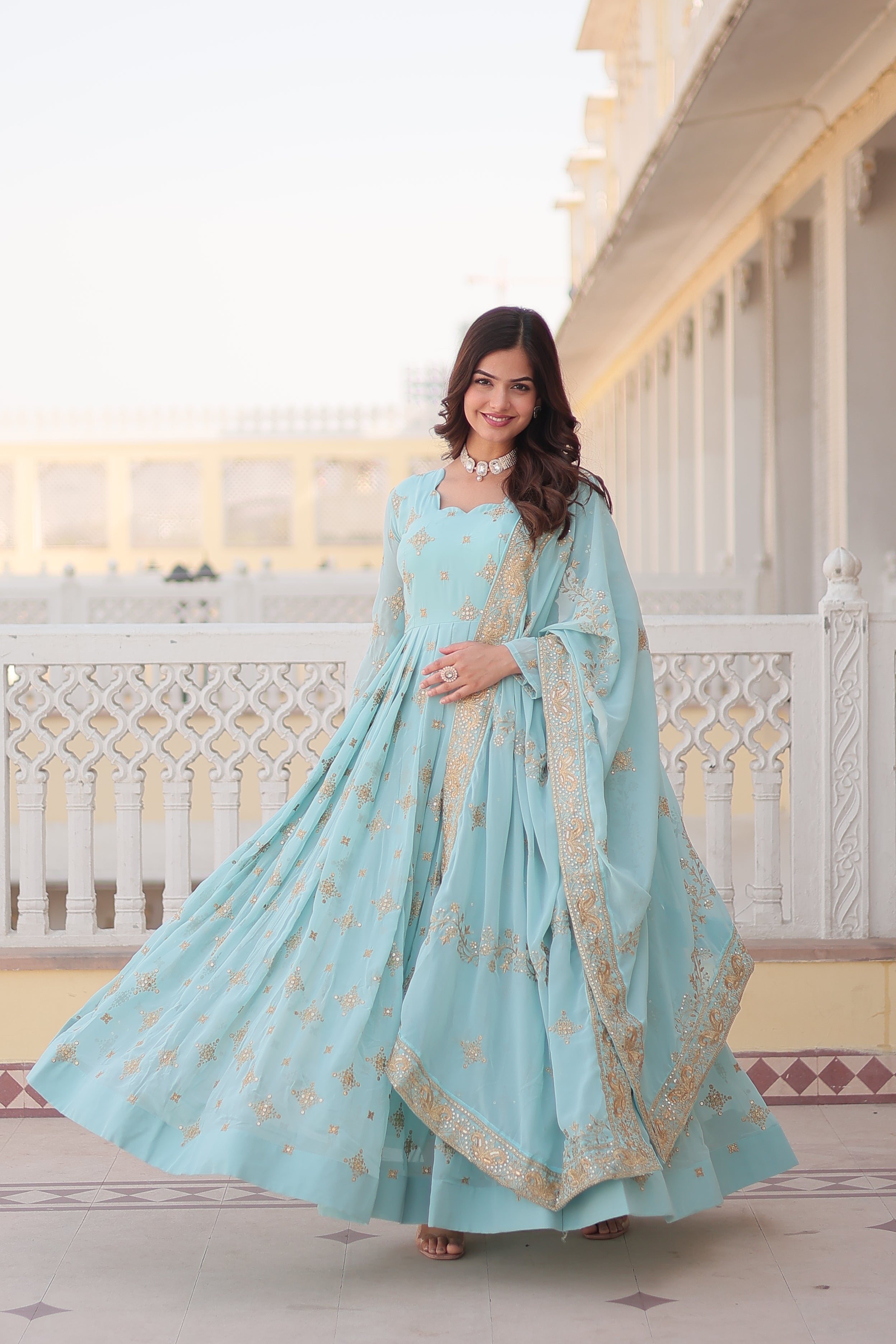 Teeya Creation Sky Color Faux Georgette Beautiful Embroidery Work Fully Stitched Gown - Distacart