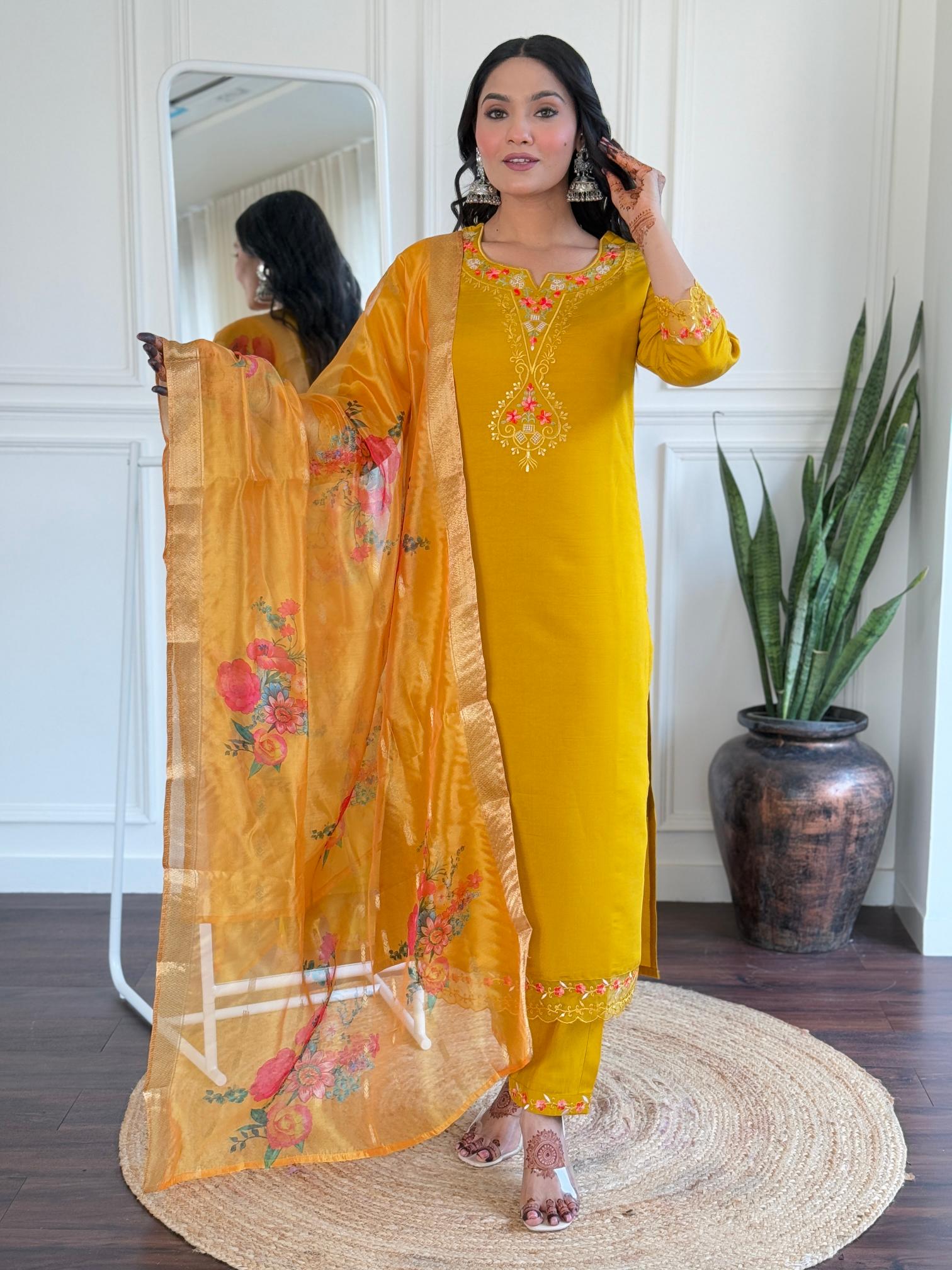 The52 Women's Roman Silk Embroidered Straight Kurta, Pant and Dupatta Set