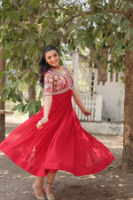 Thumbnail for Teeya Creation Red Color Faux Georgette Embroidery Work Fully Stitched Kurti - Distacart
