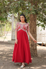 Thumbnail for Teeya Creation Red Color Faux Georgette Embroidery Work Fully Stitched Kurti - Distacart