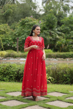 Thumbnail for Teeya Creation Red Color Faux Georgette Embroidery Work Fully Stitched Kurti - Distacart