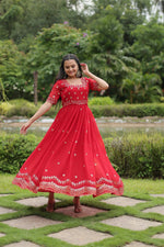 Thumbnail for Teeya Creation Red Color Faux Georgette Embroidery Work Fully Stitched Kurti - Distacart