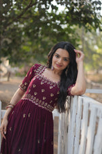 Thumbnail for Teeya Creation Wine Color Faux Georgette Embroidery Work Fully Stitched Kurti - Distacart