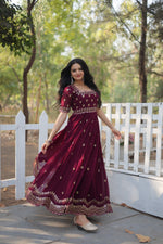 Thumbnail for Teeya Creation Wine Color Faux Georgette Embroidery Work Fully Stitched Kurti - Distacart